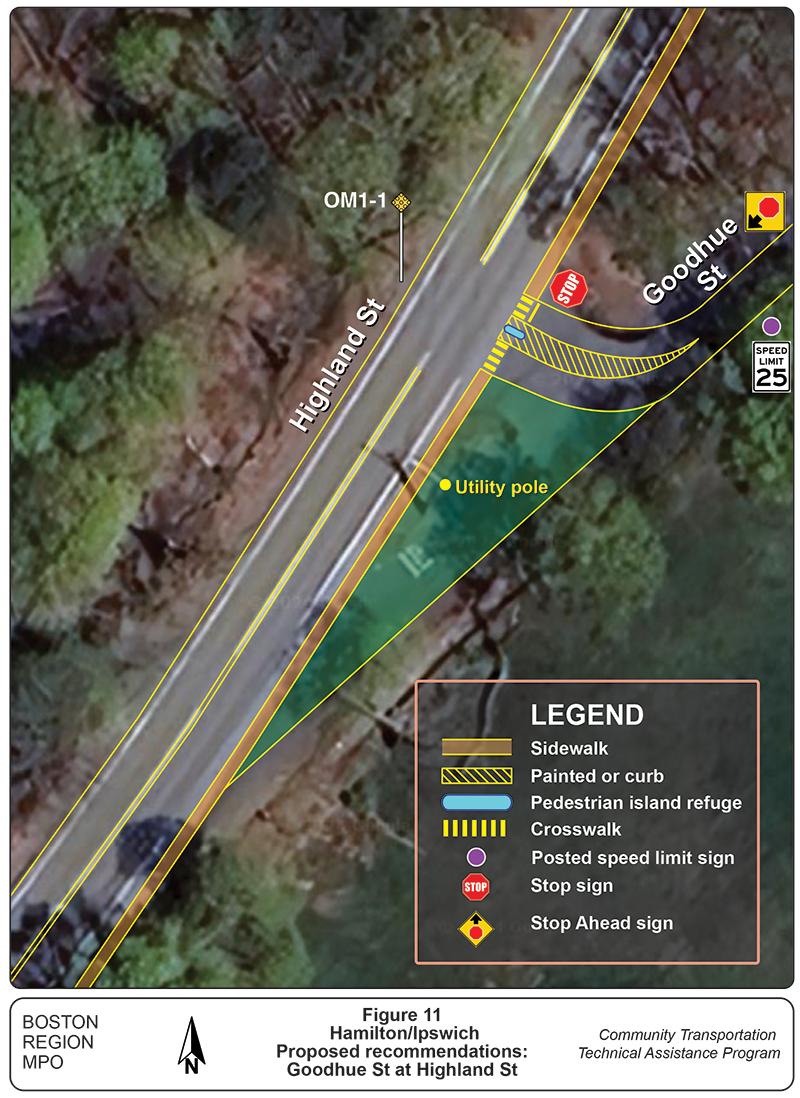 Figure outlines the proposed geometry for redesign of Goodhue Street at Highland Street